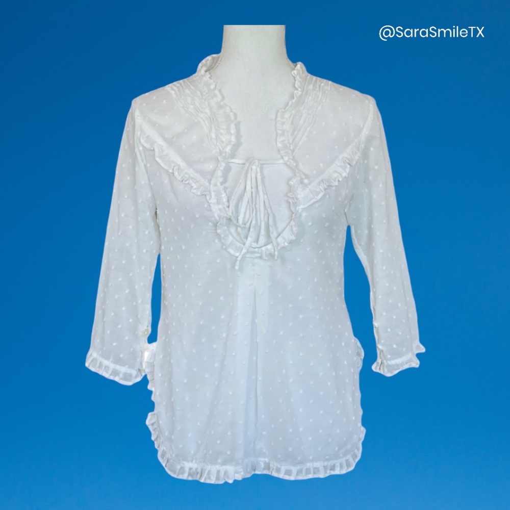 INDAH Vintage Boho White Polka Dot Crochet Linen 3/4 Sleeve Top - RARE